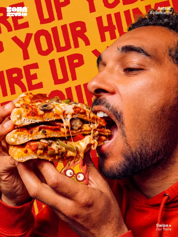 Social ad for a pizza restaurant: a man biting three stacked slices on yellow with red typography