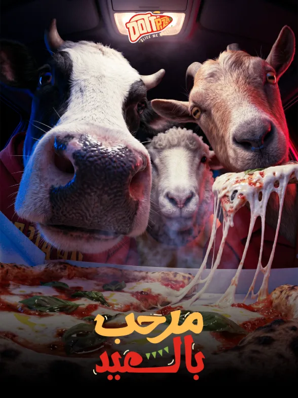 Eid post for a pizza restaurant: a cow, a sheep and a goat peering into a car at a pizza box with stretching cheese