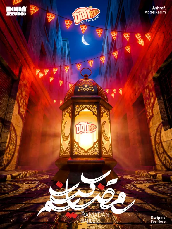 Ramadan post for a pizza restaurant: a huge glowing lantern in a stone alley strung with pizza slice bunting