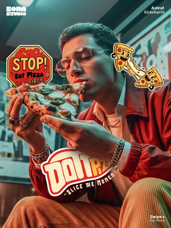 Ad for an Italian pizza brand: a man in a red jacket eating a margherita slice among playful stickers