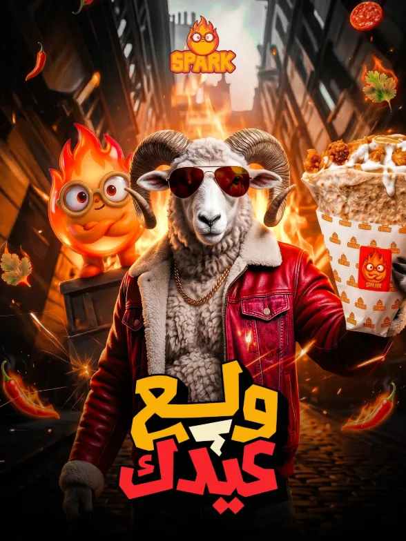 Eid post for SPARK: a ram in sunglasses and a red leather jacket holding a SPARK cone beside the flame mascot, amid flames and flying chillies