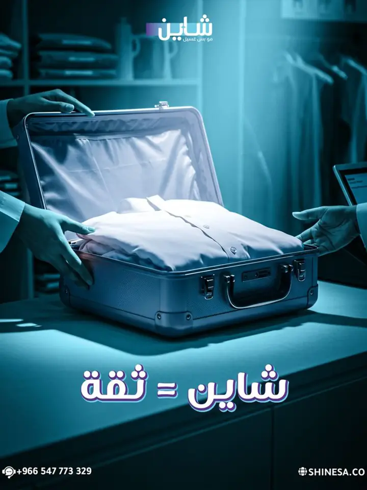 بوست سوشيال لخدمة غسيل وعناية: يدان تضعان قميصًا أبيض مطويًا داخل حقيبة سفر مفتوحة