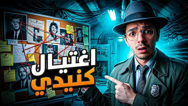 YouTube thumbnail: a host dressed as a detective pointing at an evidence board strung with red threads