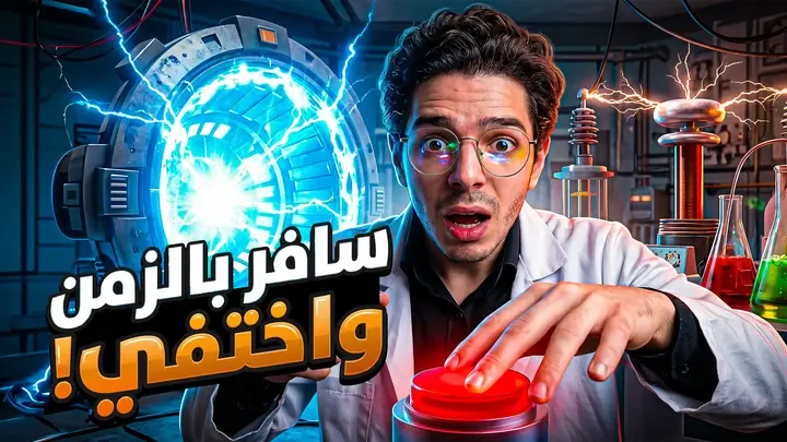YouTube thumbnail: a host in a lab coat pressing a red button beside a glowing time portal