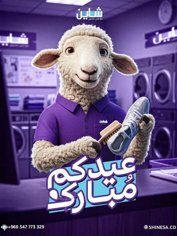 Eid post for a laundry and care service: a sheep mascot in a purple shirt brushing a sneaker inside the laundry