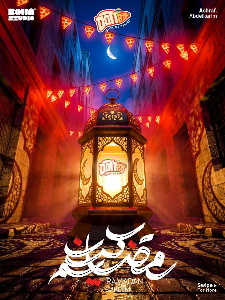 Ramadan post for a pizza restaurant: a huge glowing lantern in a stone alley strung with pizza slice bunting