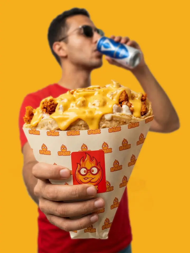 Product photography: a man holding a cone of loaded fries with cheese and crispy chicken on yellow