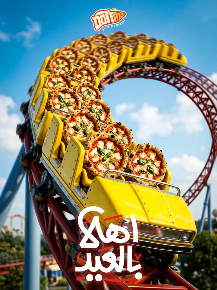 Eid key visual: a yellow rollercoaster carrying a margherita pizza in every seat