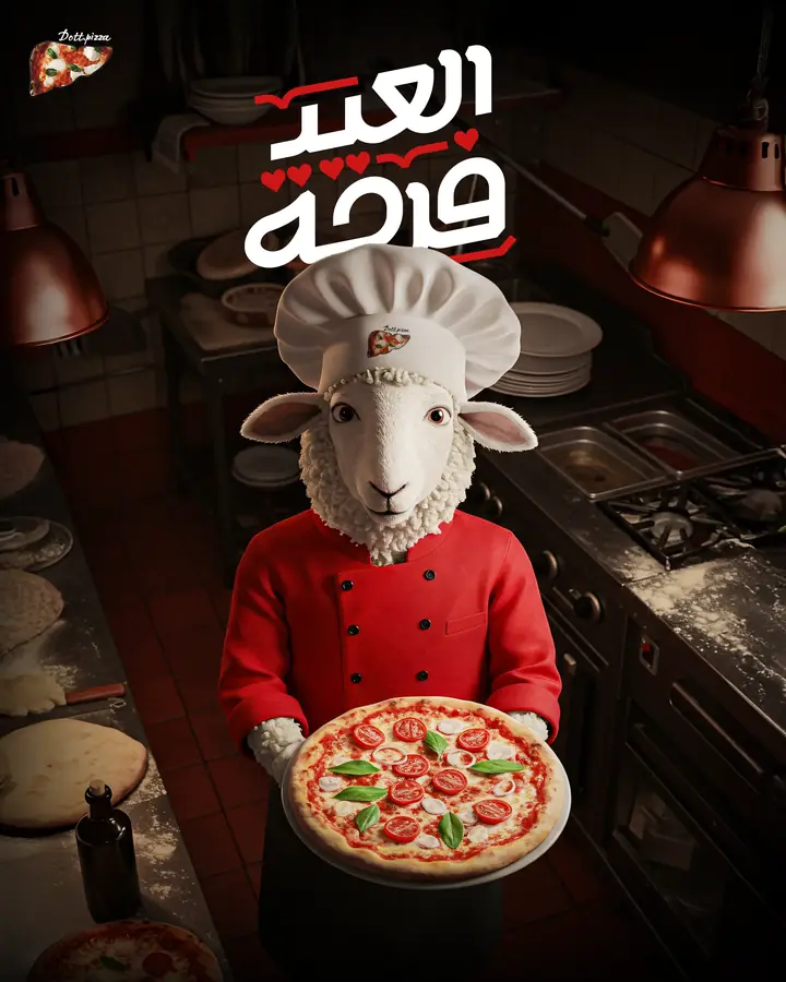 Eid key visual: a sheep in a red chef jacket serving a margherita pizza in the restaurant kitchen