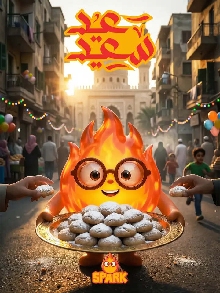 Eid post: the flame mascot offering a tray of kahk in a decorated Egyptian alley at sunset