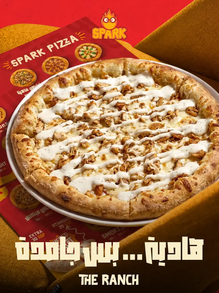 The Ranch product ad: ranch chicken pizza styled over the printed menu sheets