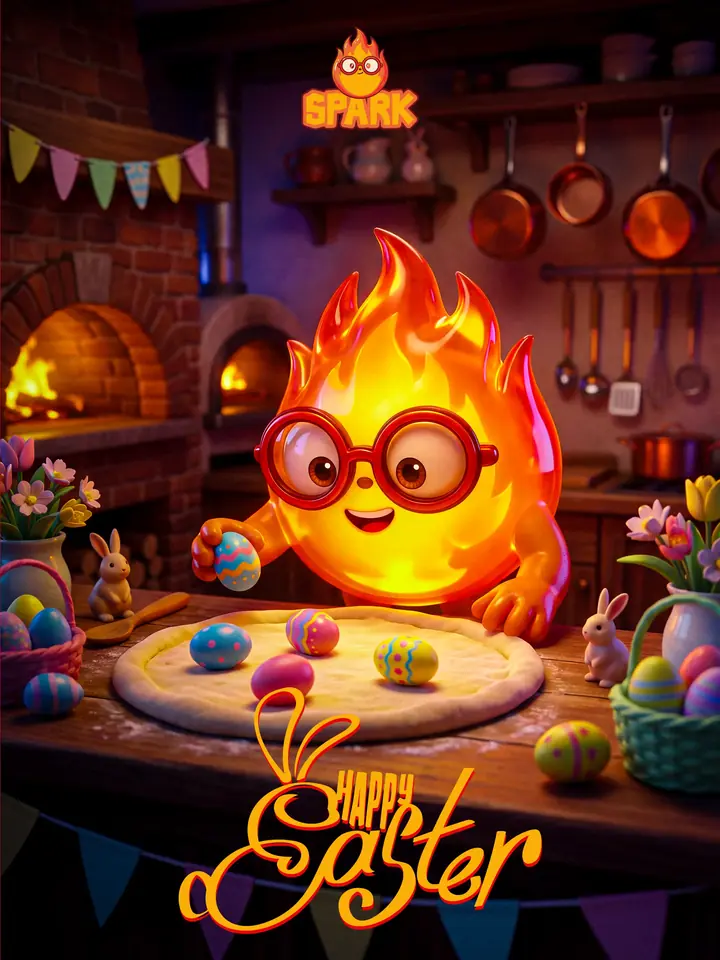 Seasonal post: the flame mascot decorating pizza dough with painted eggs in front of a stone oven