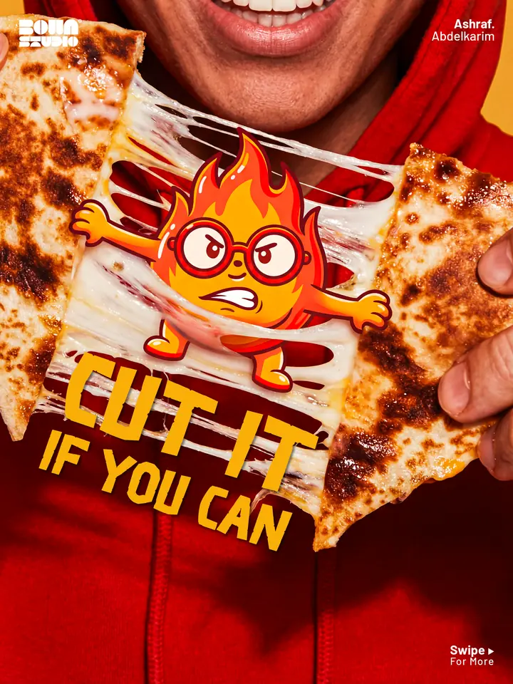 Social design for a pizza restaurant: a cheese pull between two slices with the flame mascot
