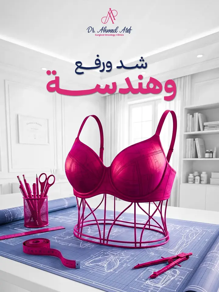 مفتاح بصري لعيادات ورعاية صحية: حمّالة صدر قرمزية فوق مجسّم سلكي وسط مخططات هندسية وأدوات قياس
